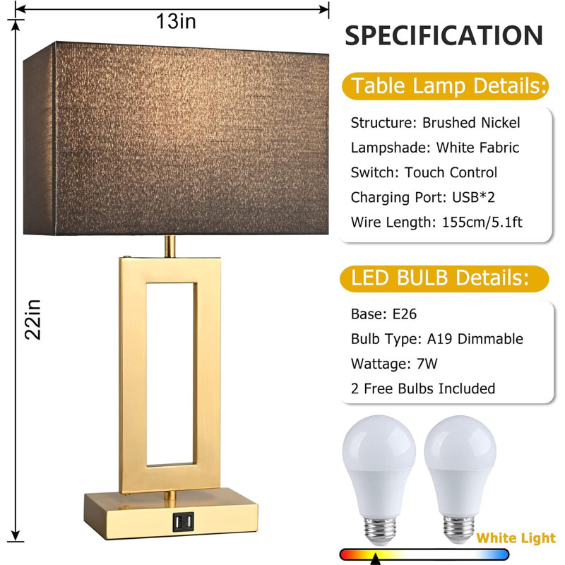 22'' Gold and Black Touch Control Table Lamps Set with USB Ports