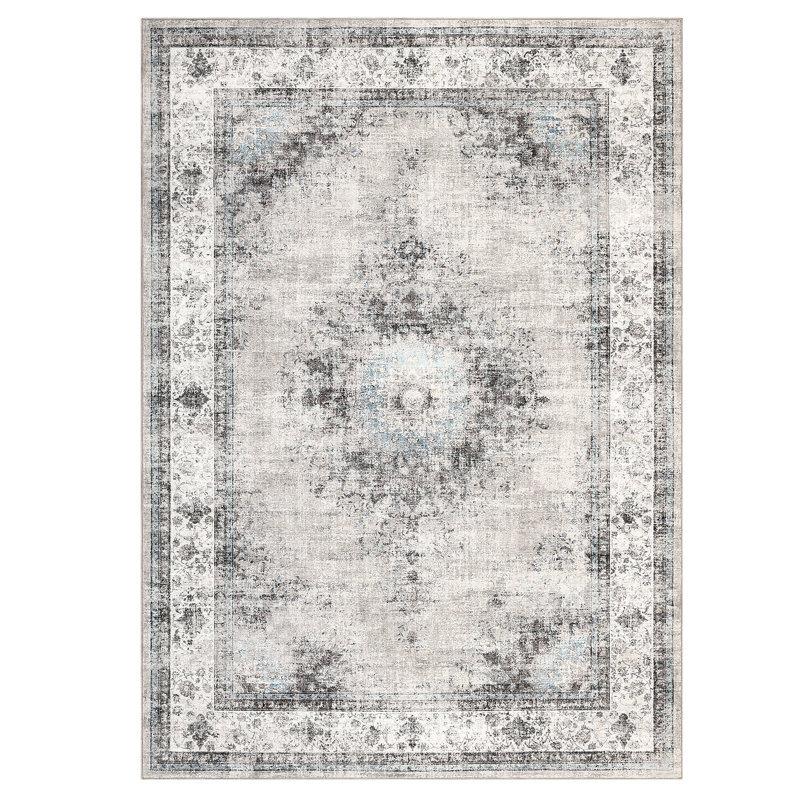Machine Washable Rugs Oriental Floral Non-Slip Low Pile Rubber Backing Area Rug for Living Room Bedroom Kitchen Dining Room