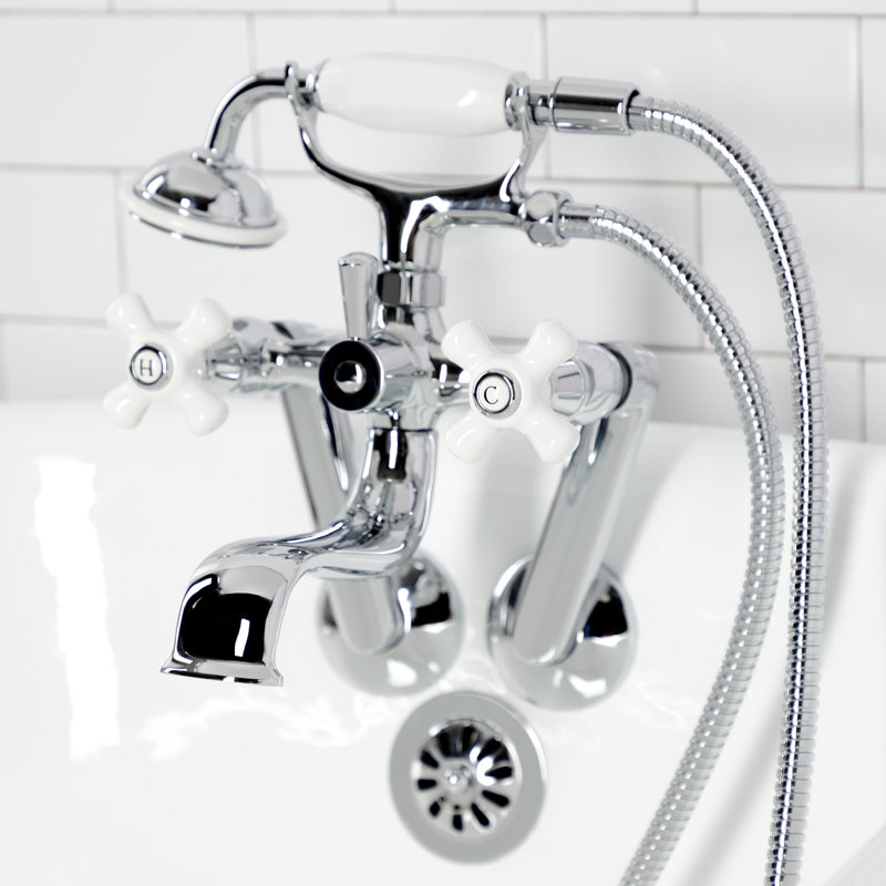 Kingston Brass Kingston Three-Handle 2-Hole Tub Wall Mount Clawfoot Tub Faucet with Hand Shower, Polished Chrome