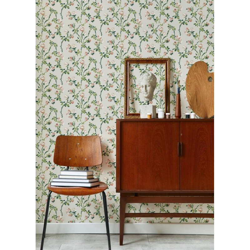 Lady Charlotte Rose Thorns 10' L x 24" W Peel and Stick Wallpaper Tile, Ivory Garden, Faux Grasscloth, Non-pasted