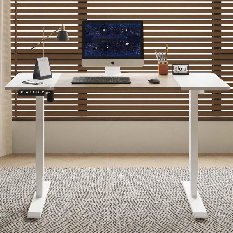 Bureau électrique à hauteur réglable, H 45 po x l 55 po x P 24 po, Bois de chêne naturel / blanc antique, Blanc