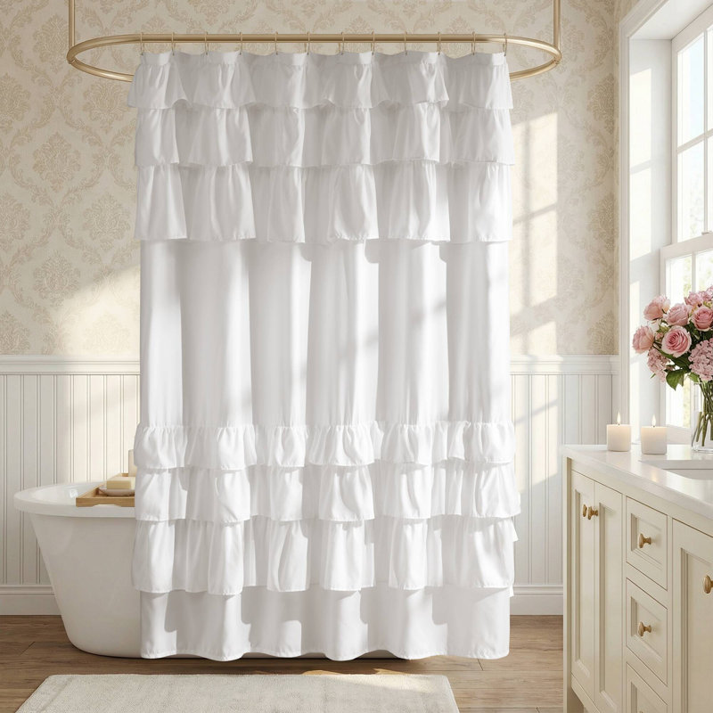 Grace White Solid Single Ruffled 72x72'' Shower Curtain, White, 72"H x 72"W