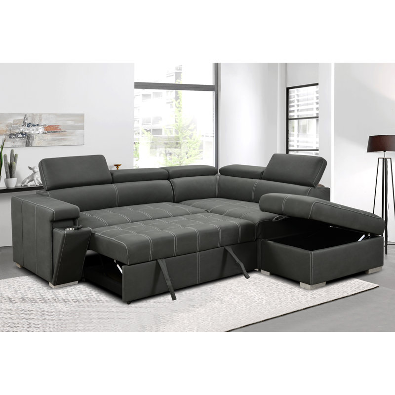 Canapé-lit modulaire convertible avec repose-tête réglable et repose-pieds avec rangement, Microfibre grise