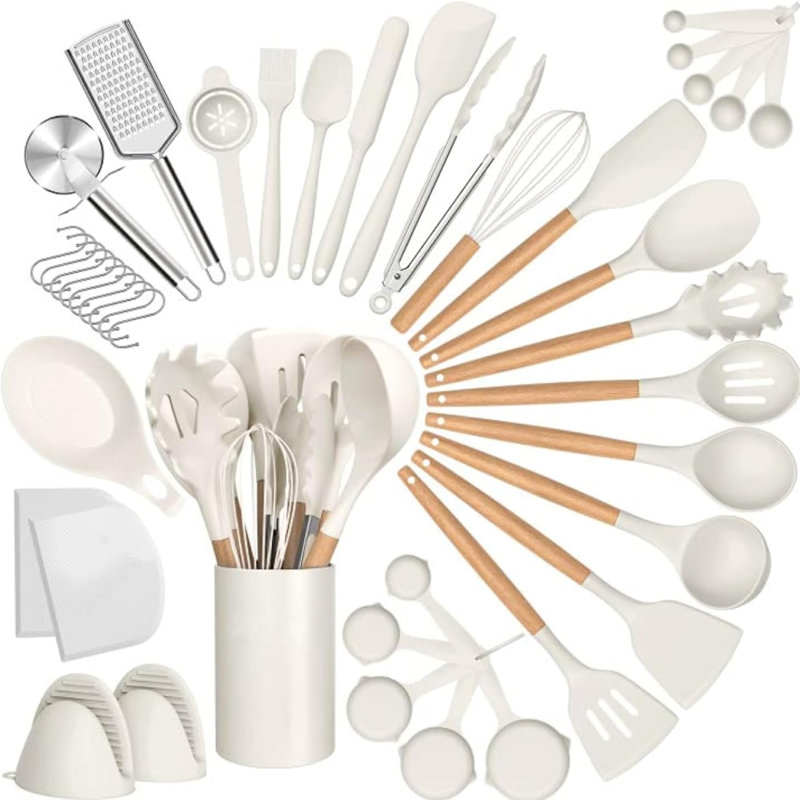 Ensemble 33 pièces d'ustensiles de cuisine en silicone, poignée de bois antiadhésive, résistant à la chaleur, blanc