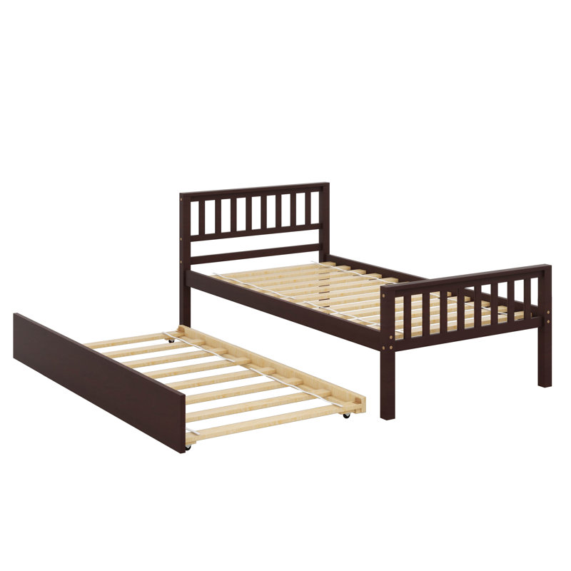 Structure de lit plateforme robuste en bois avec lit gigogne extensible, Espresso