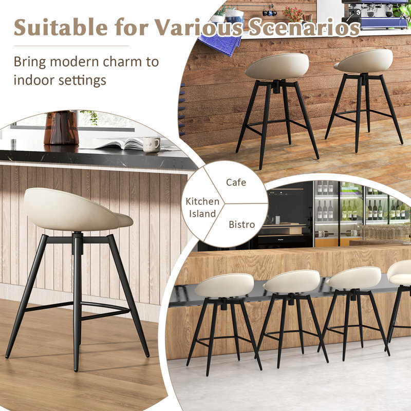  25'' Upholstered Bar Stools Set of 2 w/ Footrest Backrest & Metal Frame Beige, Beige