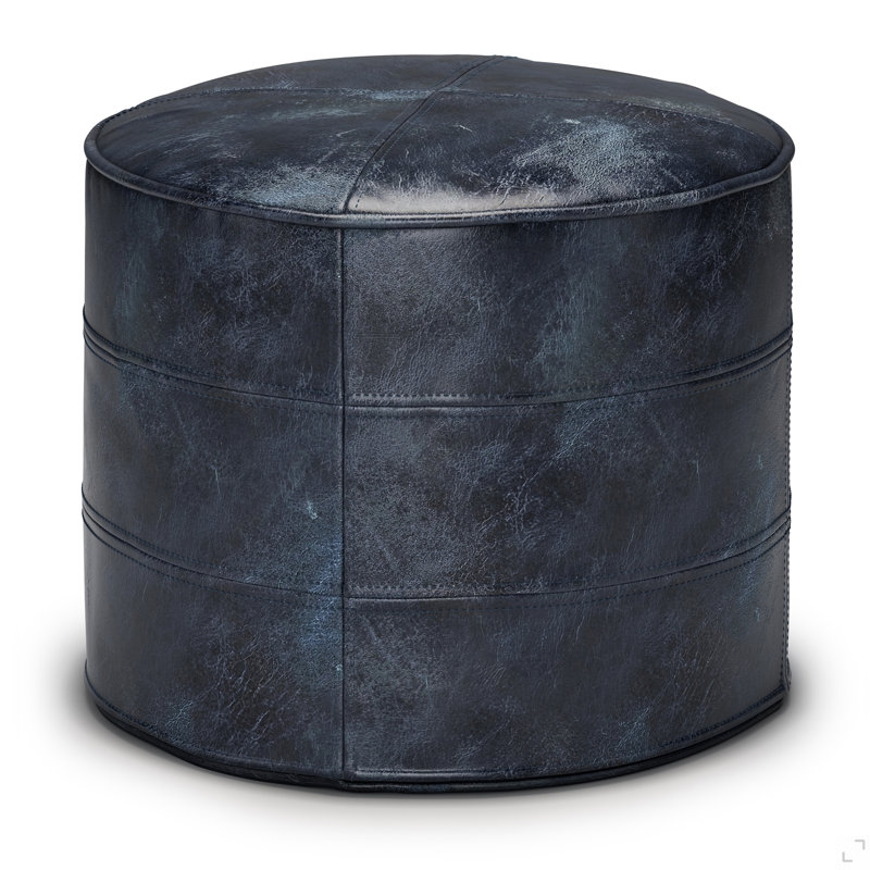 Pouf rond de 18 pouces de largeur en cuir véritable bleu marine vieilli, Gray