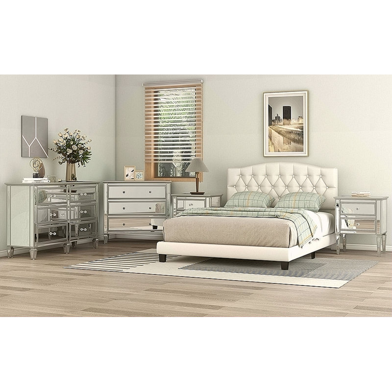 Lit plateforme tapissier avec tête de lit courbée et détails capitonnés Diamond, Beige, Très grand lit
