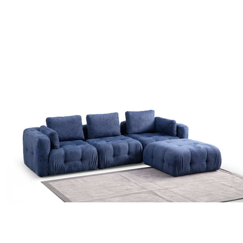 Élégant canapé d'angle, bleu marine | Structure en bois de hêtre et en bois aggloméré | 114,2 po x 78,7 po x 25,6 po | Tissu 100% polyester | Comprend 5 coussins | Support pour le dos en mousse souple et silicone | Parfait pour les salons et les salons modernes