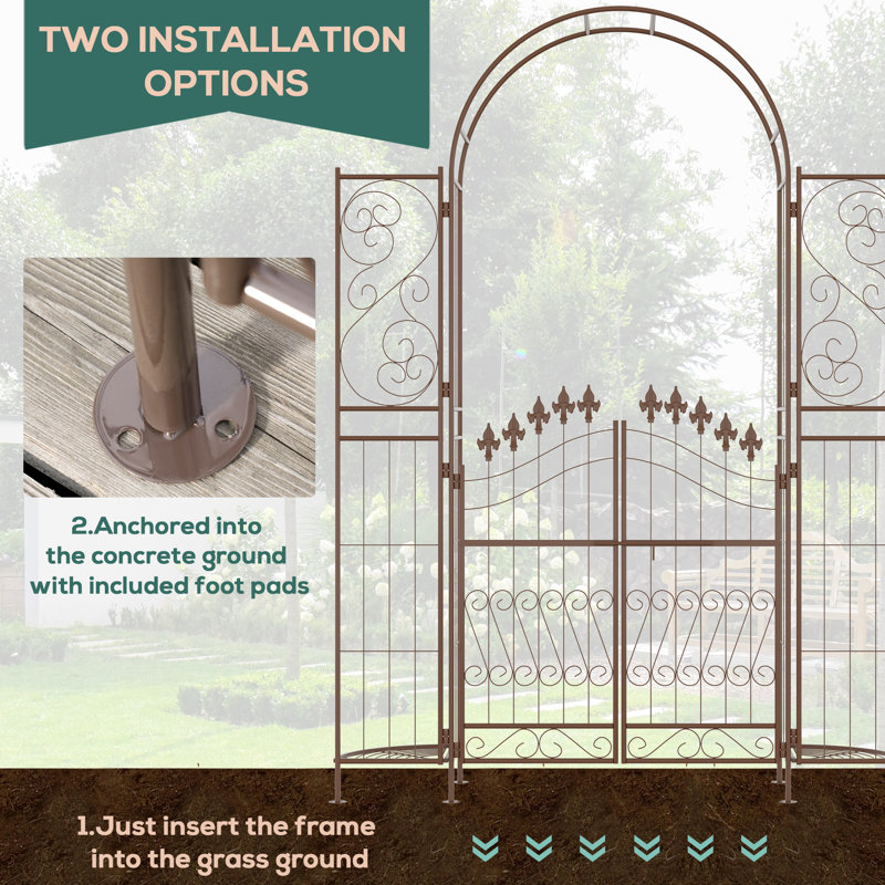Brown Metal Garden Arbor with Fleur De Lis Motif and Gate