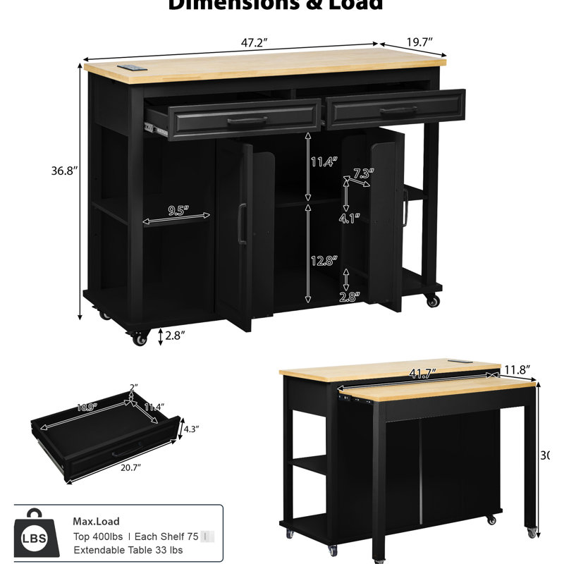 47 - Inch Kitchen Island With Extendable Countertop, Storage Drawers, Power Supply, Panel, Soft Close Hinges, Black Color 13.8"x41.7" Table, Internal Storage, 6+2 Wheels, For Organization