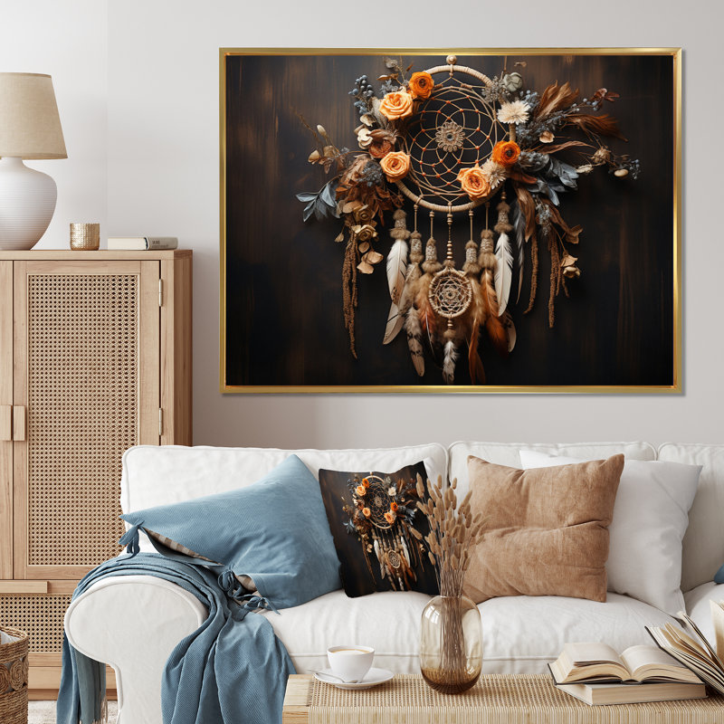 «Coral Dreamcatcher Rustic Elegance» sur impression sur toile, Cadre flottant doré, 34" H x 44" W