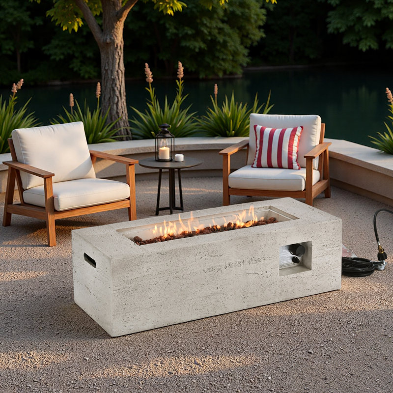 Mgo Propane Outdoor Rectangular Fire Pit With Side Cutout Handles, Steel Burner, Adjustable Flame Control, Lava Rocks And Rain Cover