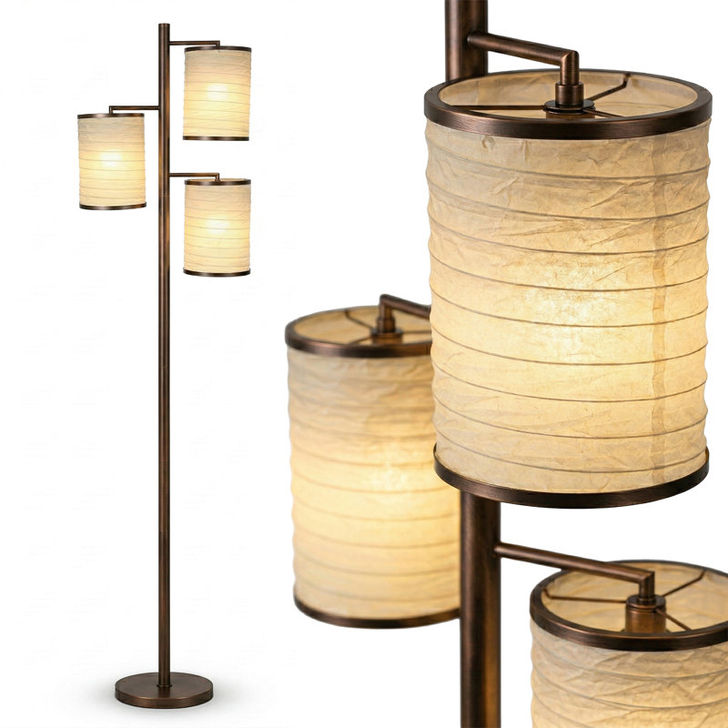 Liam 74 in. Mid-Century Modern 3-Light LED Floor Lamp with Fabric Drum Shades, Bronze