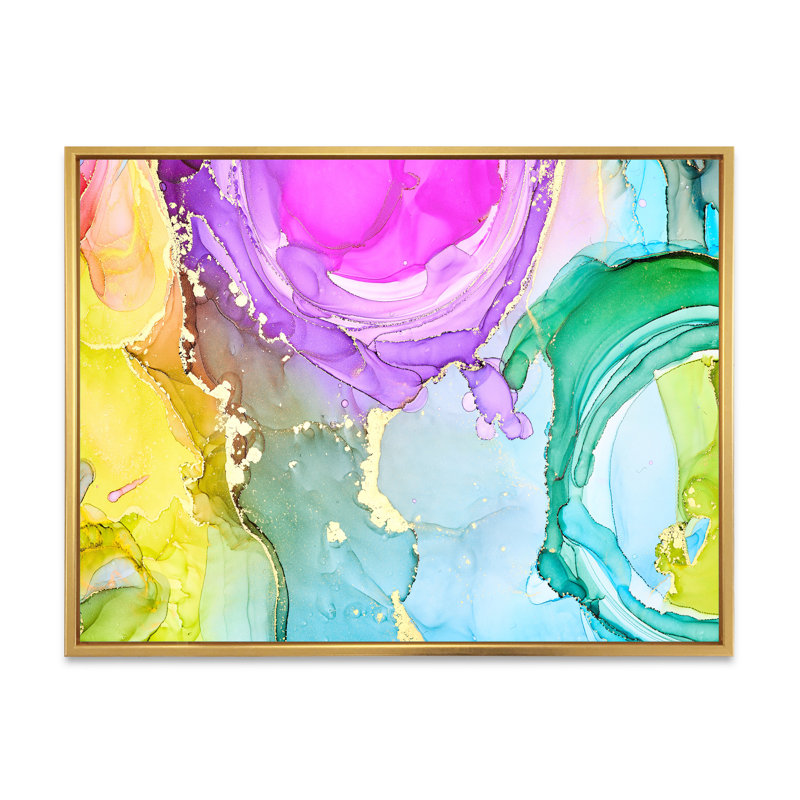 Turquoise et mauve luxueux abstrait fluide - Peinture sur toile, H 16 po x l 32 po, Cadre flottant doré