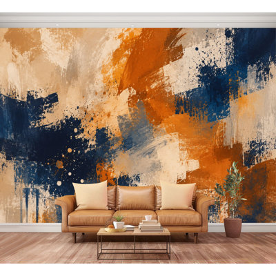 Wall Mural Peel and Stick Abstract Blue Burnt Orange Expressionist Brushstroke Painting Warm Large Wallpaper Self-Adhesive Removable Contact Paper Wall Decor for Living Room Bedroom Nursery 100"H x 144"W