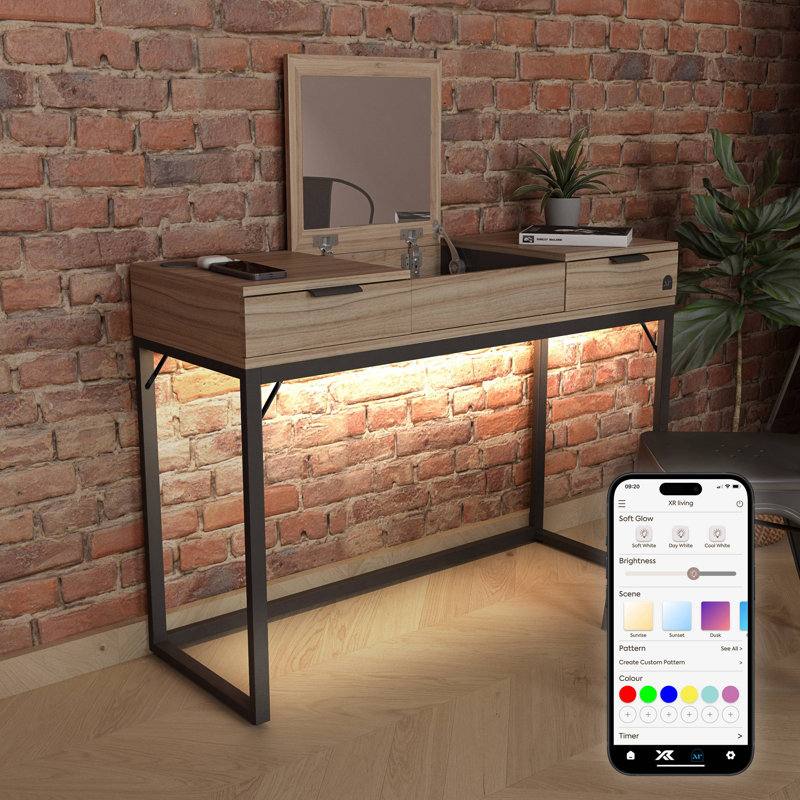 XR Living Denver Dressing Table With Mirror, Wireless Charging and App Control Lights - Oak / Black