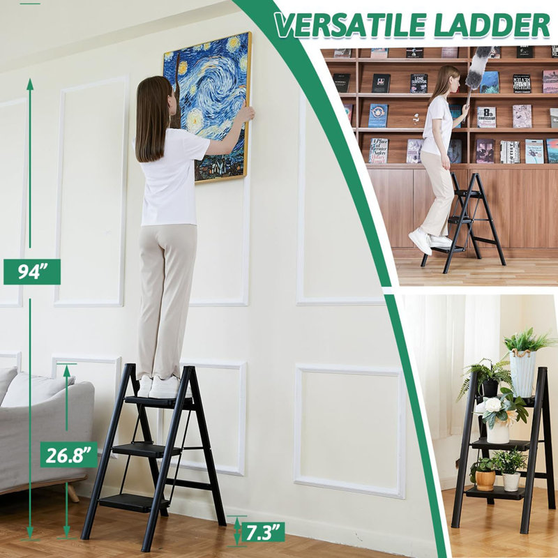3 Step Ladder Folding Step Stool, 330 Lbs Load Heavy Duty Step Ladders, Small Kitchen/Closet Stepping Stool For Adults, Lightweight Foldable Indoor Ladders For Home With Wide Pedal White