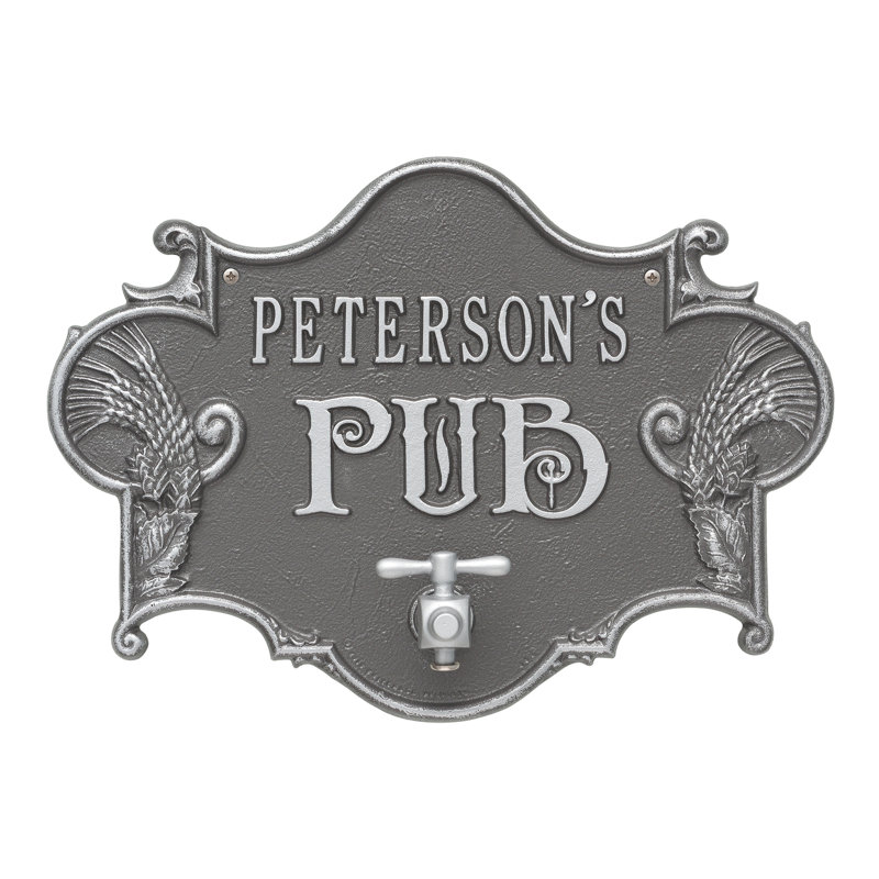 Hops and Barley Beer Pub 2-Line Wall Address Plaque, Pewter Silver, Yes