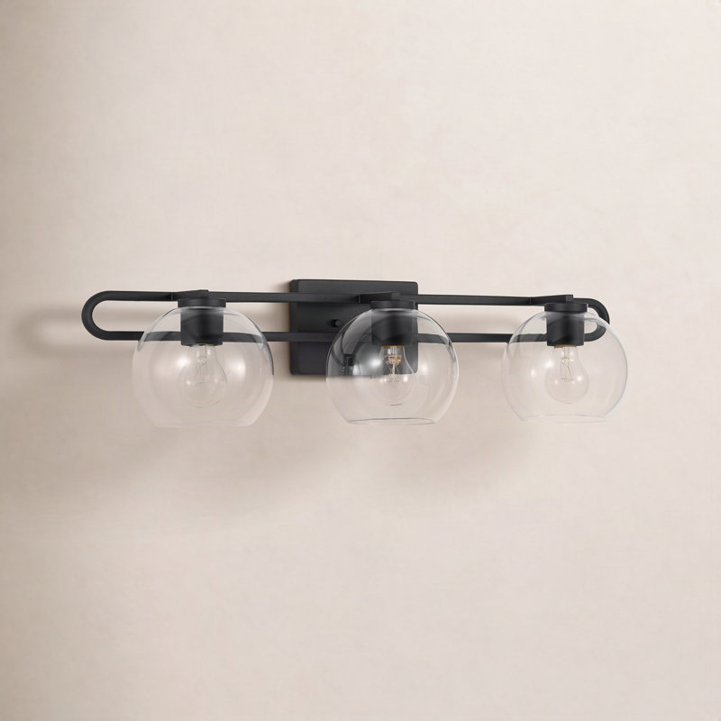 Eveline 7.63" H x 30" W 3-Light Dimmable Metal and Glass Vanity Light, Midnight Black
