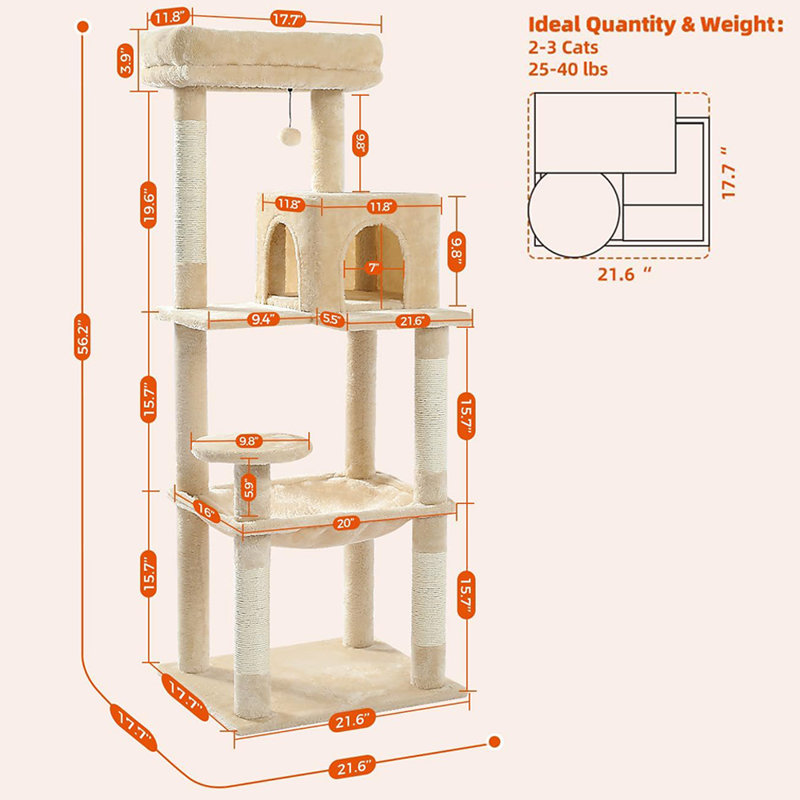 Grand arbre à chat Evleyn pour chat d'intérieur, tour pour chat multi-niveaux avec hamac très grand, Beige