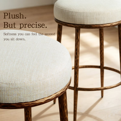 Aureon 26.5" Modern Glam Backless Counter Height Bar Stool With Hand-Hammered Metal Legs And Linen-Blend Upholstered Seat, Set Of 2