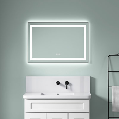 Miroir de salle de bain DEL 91 x 61 cm avec cadre en aluminium, 3 températures de couleur, effet brume, mémoire, intensité lumineuse réglable en continu, ambiance lumineuse améliorée, fixation murale, couleur cendré pour la décoration