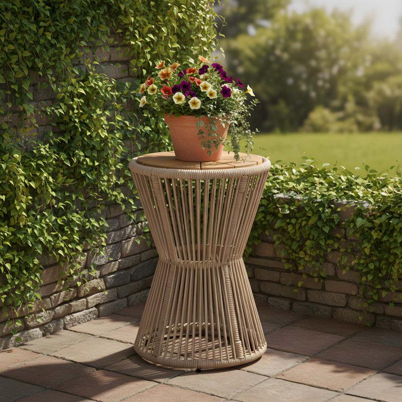 Table de bout d'extérieur au design élégant en forme de sablier résistant aux intempéries, Plateau en teck clair / base beige