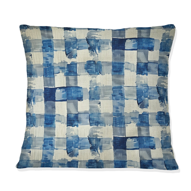 Coussin bleu et beige Mid-Century Gingham IV - Mid-Century, H 18 po x l 18 po