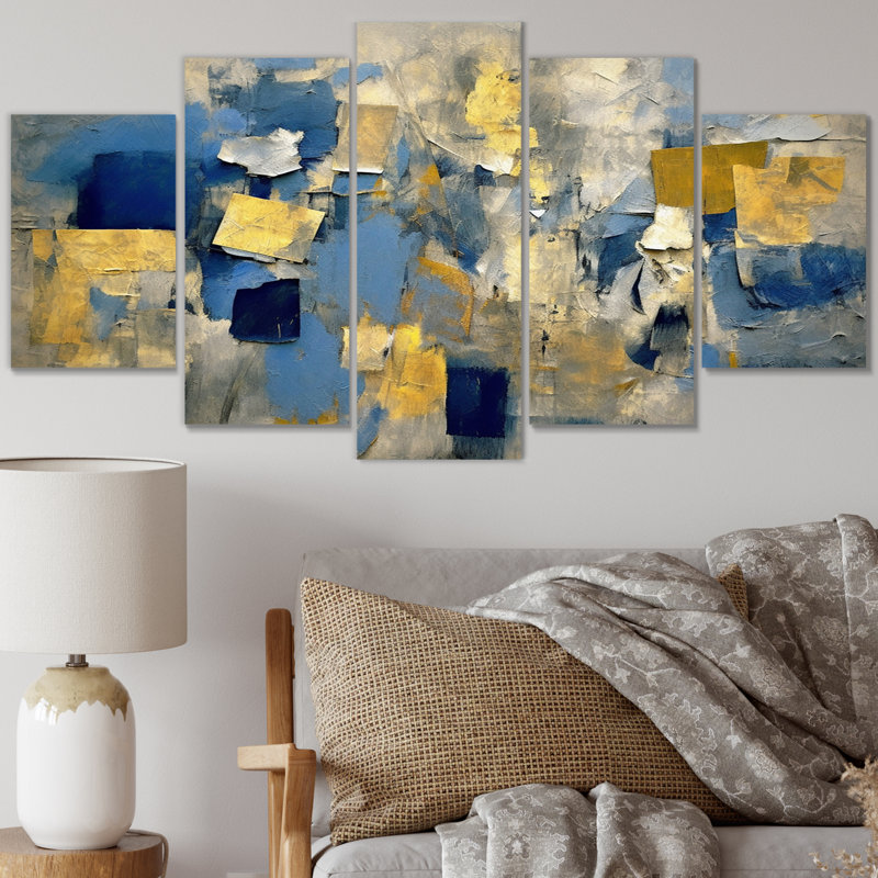 «Lyrical Abstraction In Blue And Yellow II - Abstract Collages», reproduction sur toile - 5 panneaux