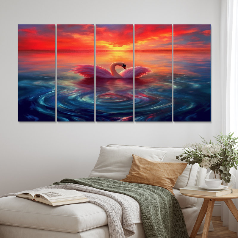 «Pink Swan Reflection At Majestic Sunset», reproduction d'art sur toile animaux - 5 panneaux égaux