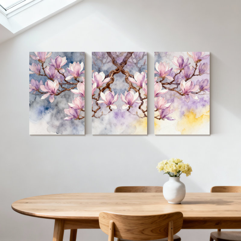 Magnolia rose sur fond doux, ensemble de 3 impressions sur toile, H 18 po x l 36 po