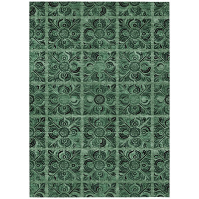 9' X 12' Fern Green And Charcoal Medallion Washable Indoor Outdoor Area Rug