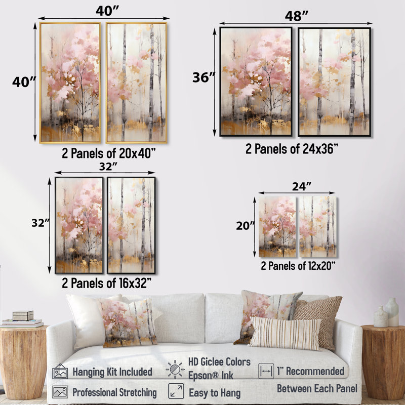 Minimalisme rose et forêt dorée - impressions sur toile beiges 2 panneaux, H 36 po x l 48 po, Toile tendue, Ne s’applique pas