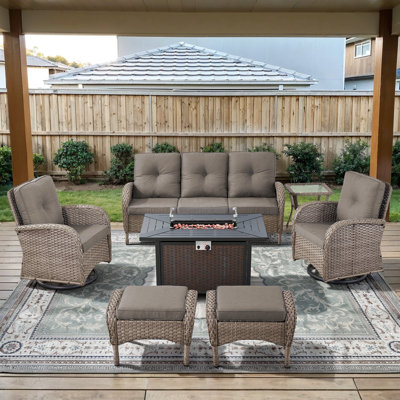 7-Piece Outdoor Patio Wicker Relaxed Fire Pit Set With Swivel Chairs And Ottomans