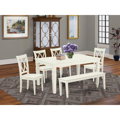 6 Piece Dining Room Furniture Set Contains a Rectangle Kitchen Table with Butterfly Leaf and 4 Dining Chairs with a Bench, 42x60 Inch, Linen White