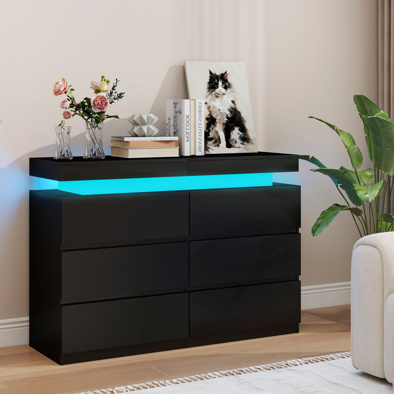 Commode 6 tiroirs, commode noire, commode lumineuse à DEL, rangement dans la chambre à coucher, commode, prise de courant, DEL activée par le mouvement, USB rechargeable, anti-basculement, organisateur de vestibule
