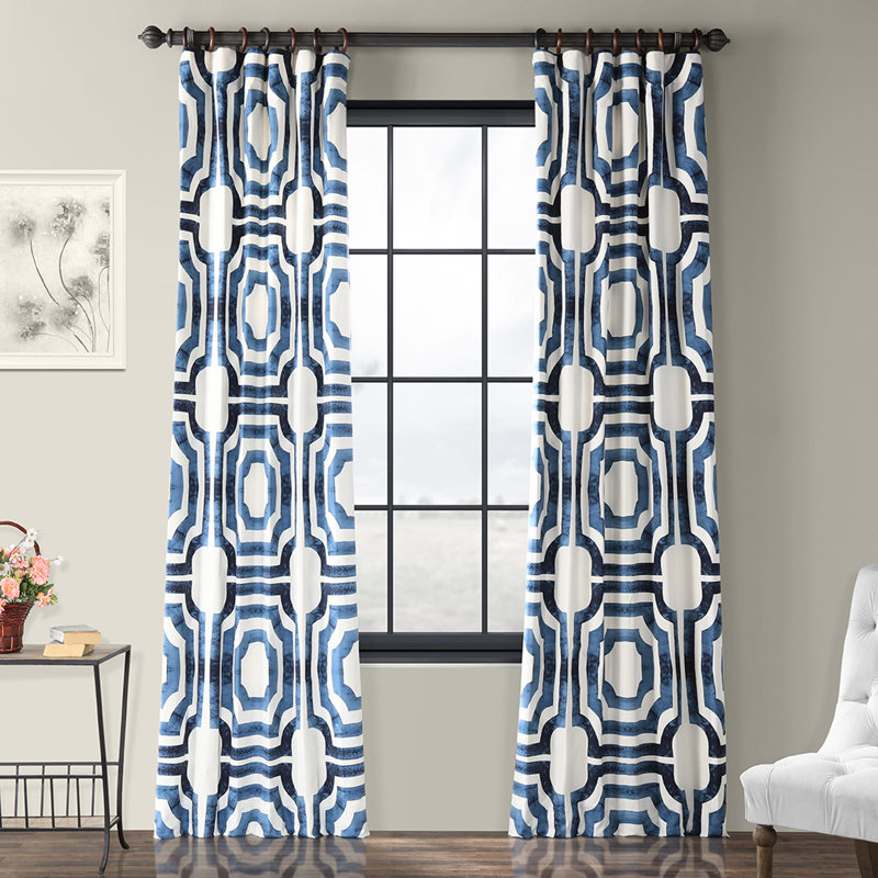 Magari Geometric Printed Cotton Rod Pocket Room Darkening Curtains - Single Panel Drapes, Blue, 50" W x 84" L