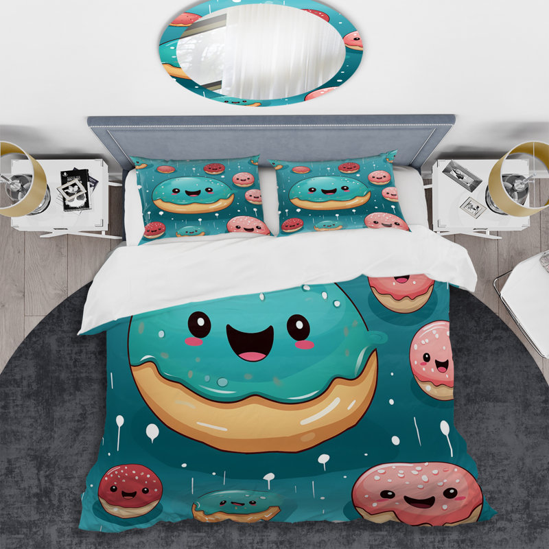 Ensemble de housse de couette rose et bleu Donut Kithchen, Housse de couette simple + 1 taie décorative stan