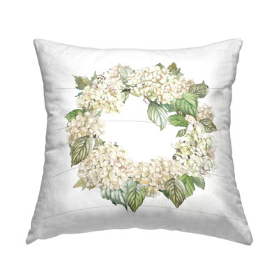 Design de coussin décoratif imprimé couronne d'hortensia blanc par Carol Robinson