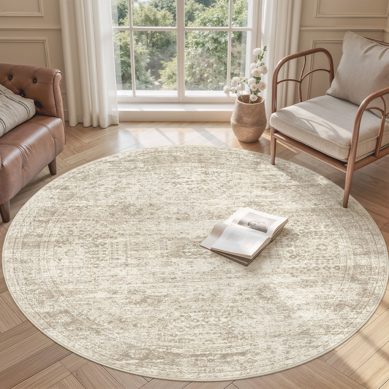 Washable Distressed Persian Rug, Beige, Round 6'