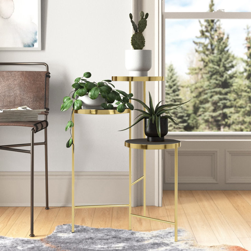 Support pour plante rond en bois massif Logan, Noir et or