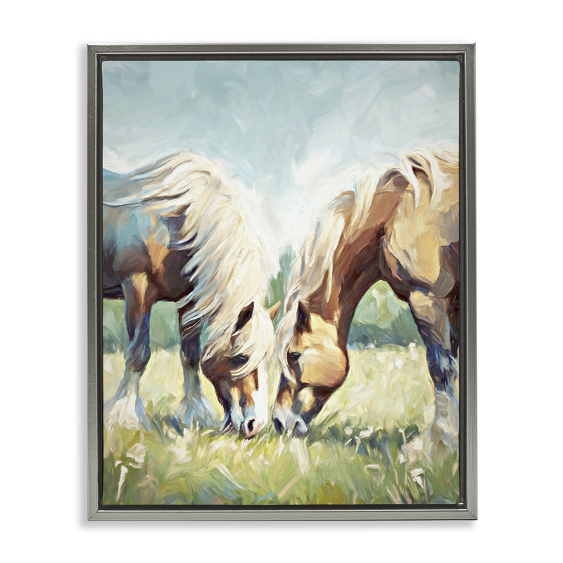«Horses Grazing Together» par Ramona Murdock, Cadre flottant gris lustré, H 31 po x l 25 po
