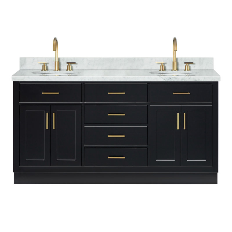 Meuble-lavabo double en bois massif de 66 po avec plateau en marbre de Carrare de 1,5 po Thornaby, Ovale