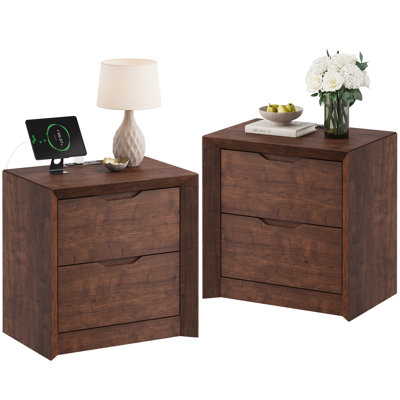 Nightstand Set Of 2 With Charging Station, 23.6" Unique Panel Bedside Table With Thickened Design, Modern Wood End Table For Bedroom, Living Room, Walnut