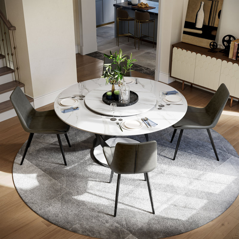 Suzzie Modern Round Turnable Dining Table for 4-6 with Sintered Stone Tabletop, Carbon Steel Base, White