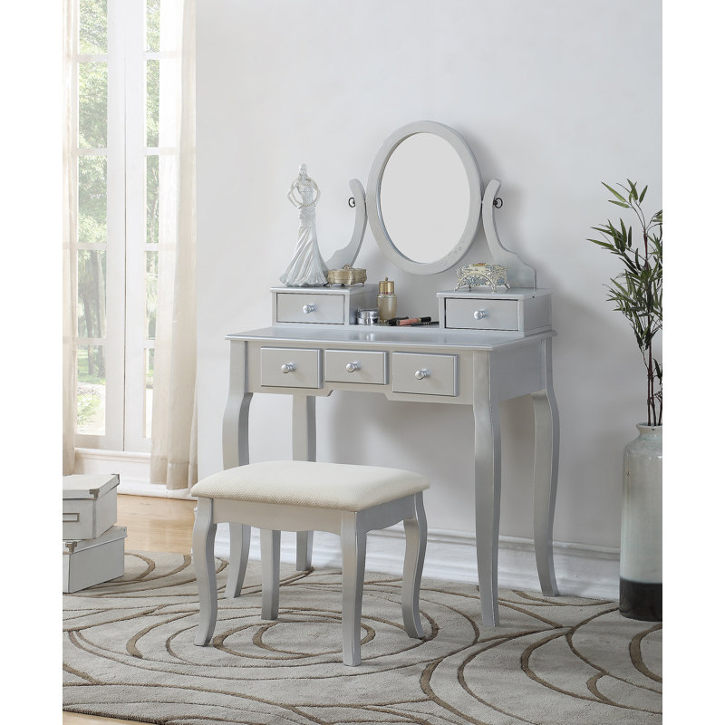 Ensemble de coiffeuse et tabouret en bois Ashley, Argent