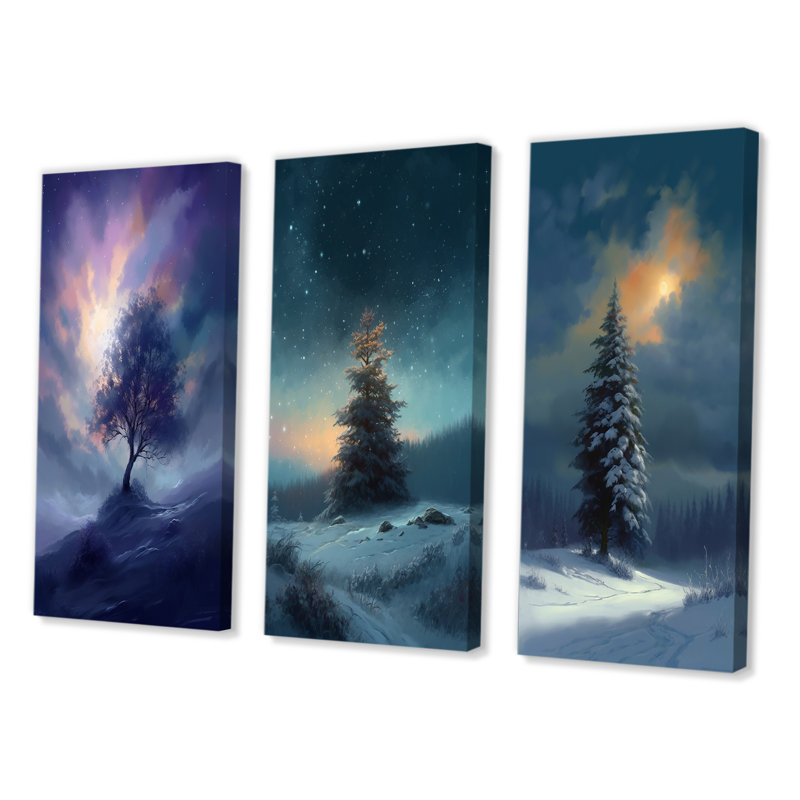 «Snowy Serenity Pinetree», 3 pièces sur toile, Toile tendue, H 32 po x l 48 po