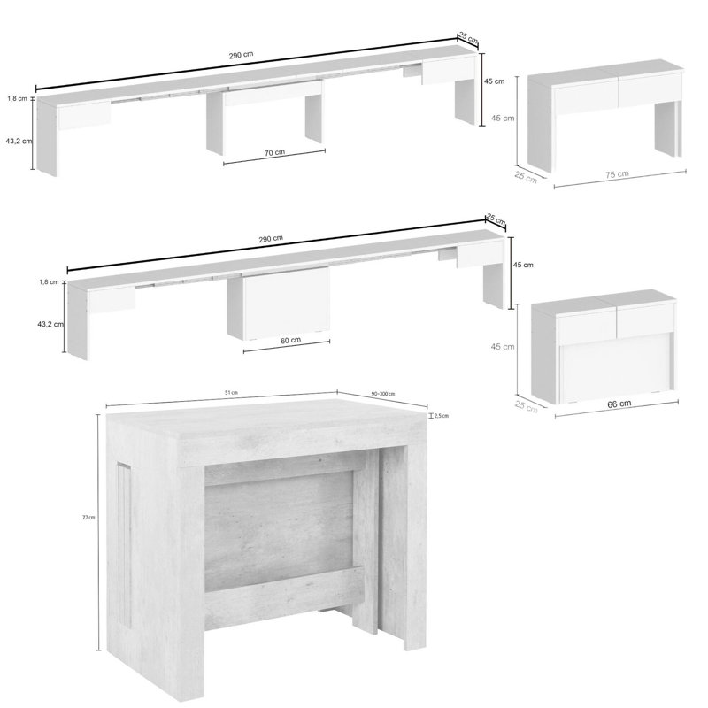 Table and chair set Dadamoni, Set with console and 2 extendable benches, 66x25h45 cm, Gray