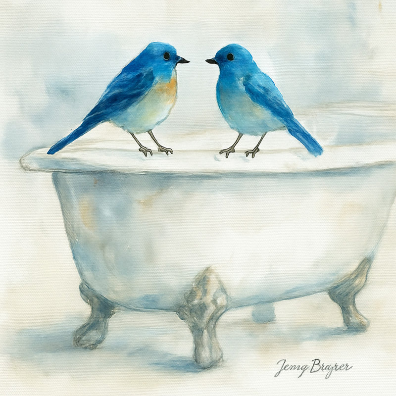 "Bluebird Bath Chat" Wrapped Canvas Print